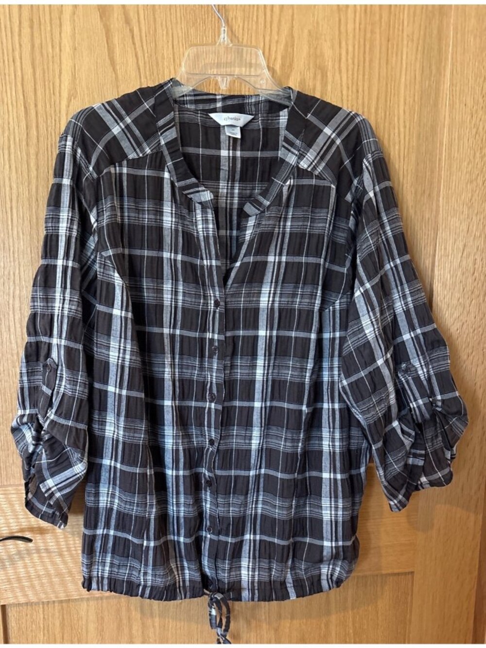 CJ Banks Womens 2X Brown Plaid Button-Down Shirt Roll-Tab Sleeves & Drawstring